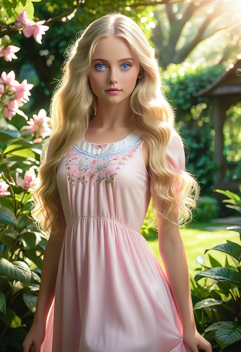 a beautiful young girl with long blonde hair, piercing blue eyes, delicate features, wearing a soft pink babydoll dress, standing in a serene garden with lush greenery, sunlight filtering through the trees, (best quality,4k,8k,highres,masterpiece:1.2),ultra-detailed,(realistic,photorealistic,photo-realistic:1.37),detailed face, porcelain skin, elegant pose, dreamy atmosphere, pastel color palette, soft lighting, cinematic composition