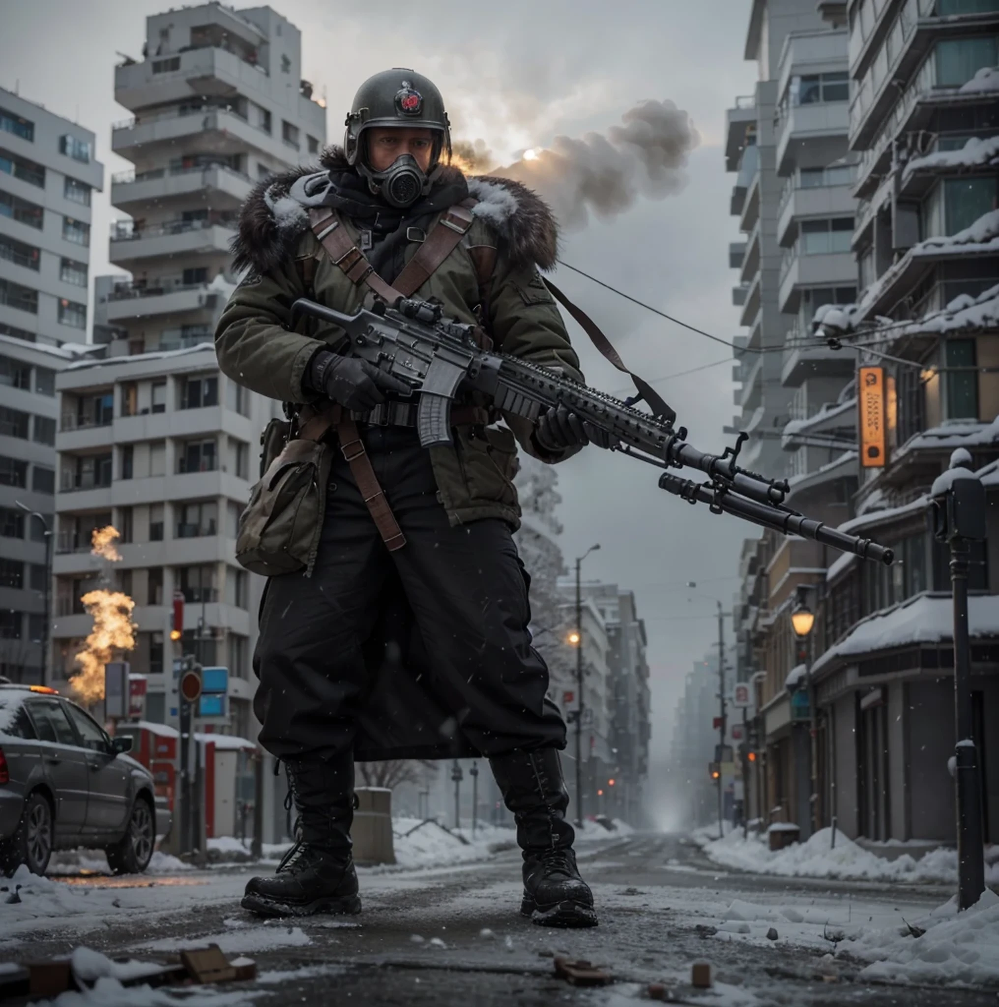 Male soldier, looks forward, Soviet style gas mask, gray WWII German style metal helmet, dark brown Soviet style winter uniform, belt with ammunition, gray metal circular shoulder pads, black boots, black leather gloves, highly detailed hands, carries a tomigun , Tomigun with bayonet knife on the tip, is in a modern city totally destroyed snowy, Fire, smoke, realistic, epic, 4k, Ultra detailed image, realistic, Highly detailed, perfect composition, gorgeous, Intricately detailed, incredibly detailed, Art photography 8K , hyper detailed, Masterpiece, Ultra detailed, hyper realistic, 4k, Ultra detailed image, realistic, Highly detailed, perfect composition, beautiful, intricately detailed, incredibly detailed, art photography 8k, hyper detailed, masterpiece