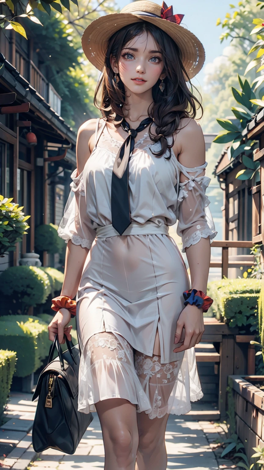24-year-old female、Long eyelashes、Beautiful appearance、White summer dress decorated with lace、Brown Hair、Side Ponytail((Tie it up with a scrunchie))、Sunlight filtering through the trees、Forest Walk、Walking、Cute handbag、Sandals、Wide-brimmed hat decorated with ribbon((Capelin))、Wear a brightly colored scarf around your neck、Lady style、smile、Hold the brim of your hat
