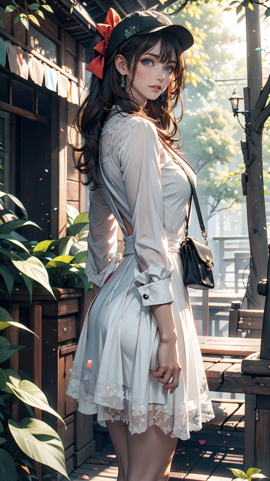 24-year-old female、Long eyelashes、Beautiful appearance、White summer dress decorated with lace、Brown Hair、Side Ponytail((Tie it up with a scrunchie))、Sunlight filtering through the trees、Forest Walk、Walking、Cute handbag、Sandals、Wide-brimmed hat decorated with ribbon((Capelin))、Wear a brightly colored scarf around your neck、Lady style、smile、Hold the brim of your hat