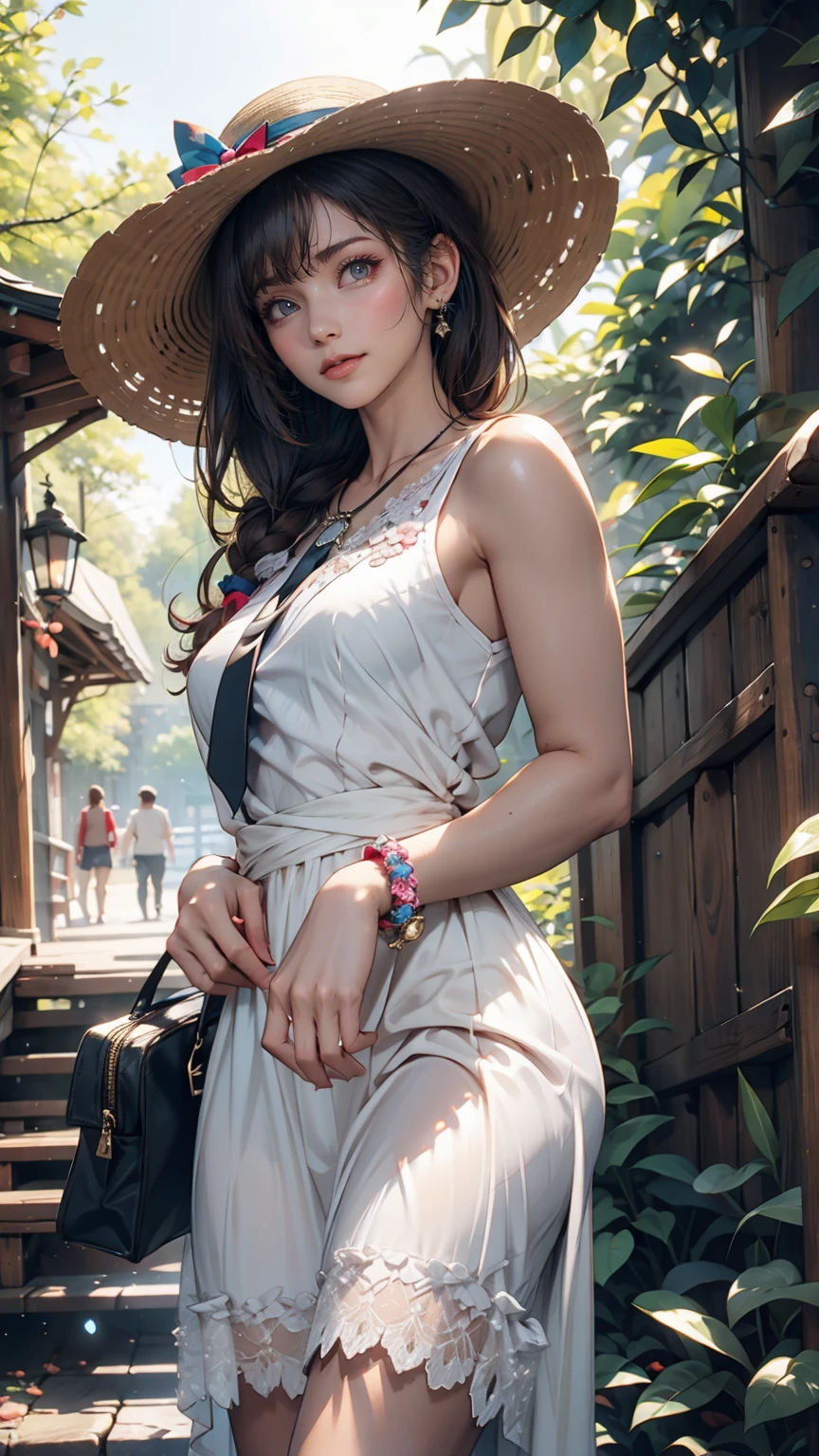 24-year-old female、Long eyelashes、Beautiful appearance、White summer dress decorated with lace、Brown Hair、Side Ponytail((Tie it up with a scrunchie))、Sunlight filtering through the trees、Forest Walk、Walking、Cute handbag、Sandals、Wide-brimmed hat decorated with ribbon((Capelin))、Wear a brightly colored scarf around your neck、Lady style、smile、Hold the brim of your hat
