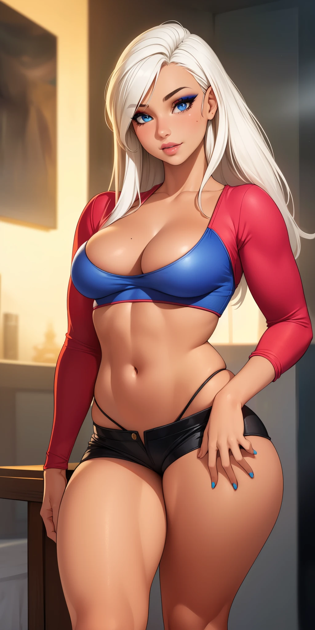 masterpiece), (portrait), medium breasts (aesthetics), ((28 year old dark-skinned girl)), ((long straight parted hair)), ((cute punk natural white hair)), thin eyes and open, blue eyes, round breasts, feminine, woman, feminine features, high quality, aesthetic clothing, professional angle, (rule of thirds), feminine features, solo, (attractive Korean woman), summer, (ink fog), ( afternoon), (vibrant light), seductive posture, ((face looking forward)), red cropped top, long sleeve, long hip hop top, beautiful stylish and bold black shorts, socks ((Energy)), (Bold makeup) , (Average breasts) , Tanned skin, (Clothes with Hop hip details), (Cropped top), (Beautiful neckline), beautiful body, beautiful eyes, bright eyes, seductive smile, beautiful mouth, beautiful lips, (best quality, ultra detailed, photorealistic: 1.39 ), bright and vibrant colors, studio lighting, romantic expression, seductive, seductive, rooftop party, cute cute girl pose