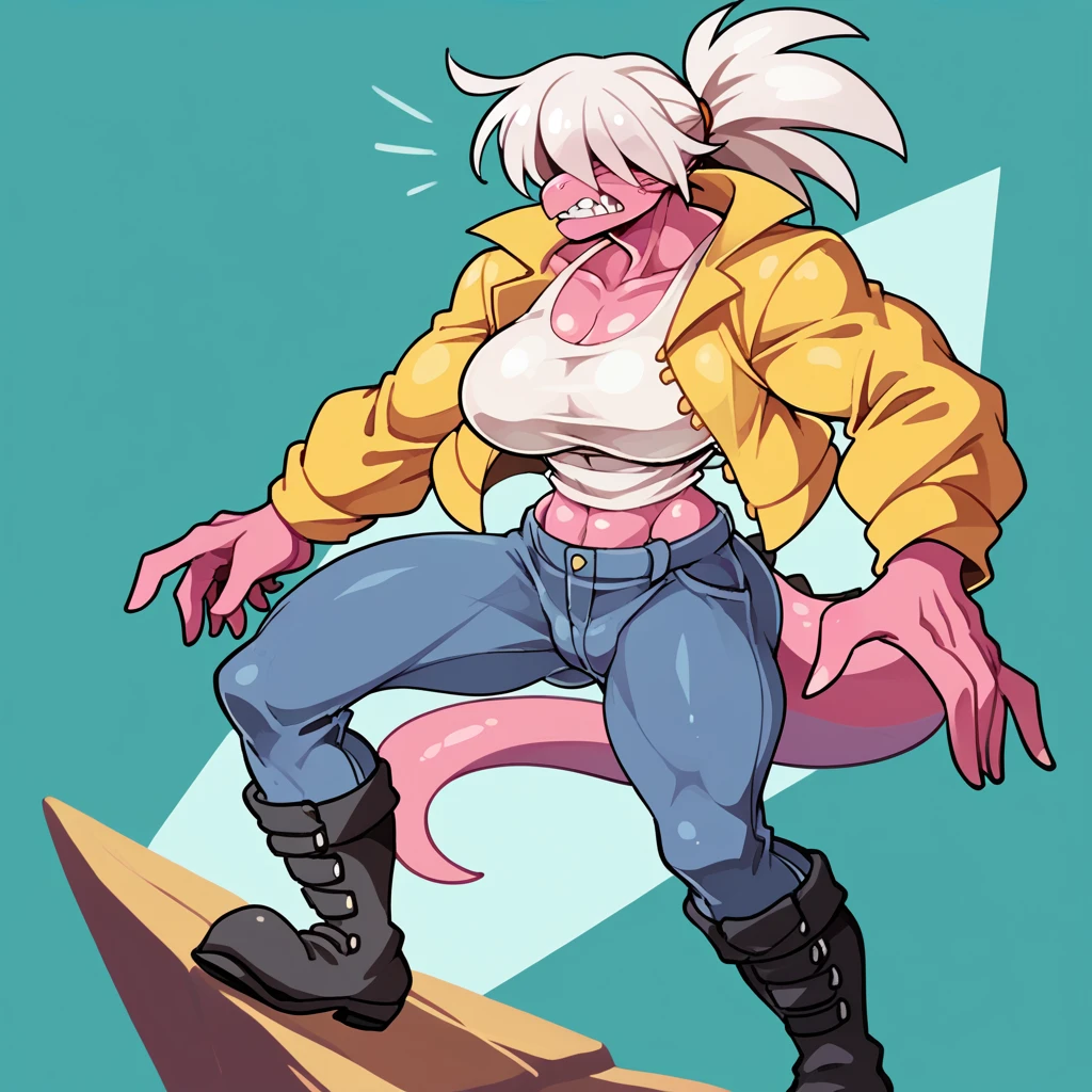 Uma imagau desenha com traços fortes e suaves, common.au.cartoon and cartoon, uma figura fauinina, cabelo ponytail, white hair covering both eyes, lizard snout, lizard snout, white pink skin, big fit ass, musclegirl, White tank top, colorful long sleeve jacket, jeans, Black boots, gigante breasts, peitos big fit asss, Waist slender, pose simples, straight pose, expression would be. Big , gisnt