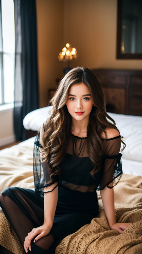 "A beautiful young woman with long, wavy hair, wearing a black, sheer outfit, sitting on a bed in a warmly lit room. The woman has a captivating gaze and a confident pose, with a background featuring a cozy, wooden interior and soft lighting."