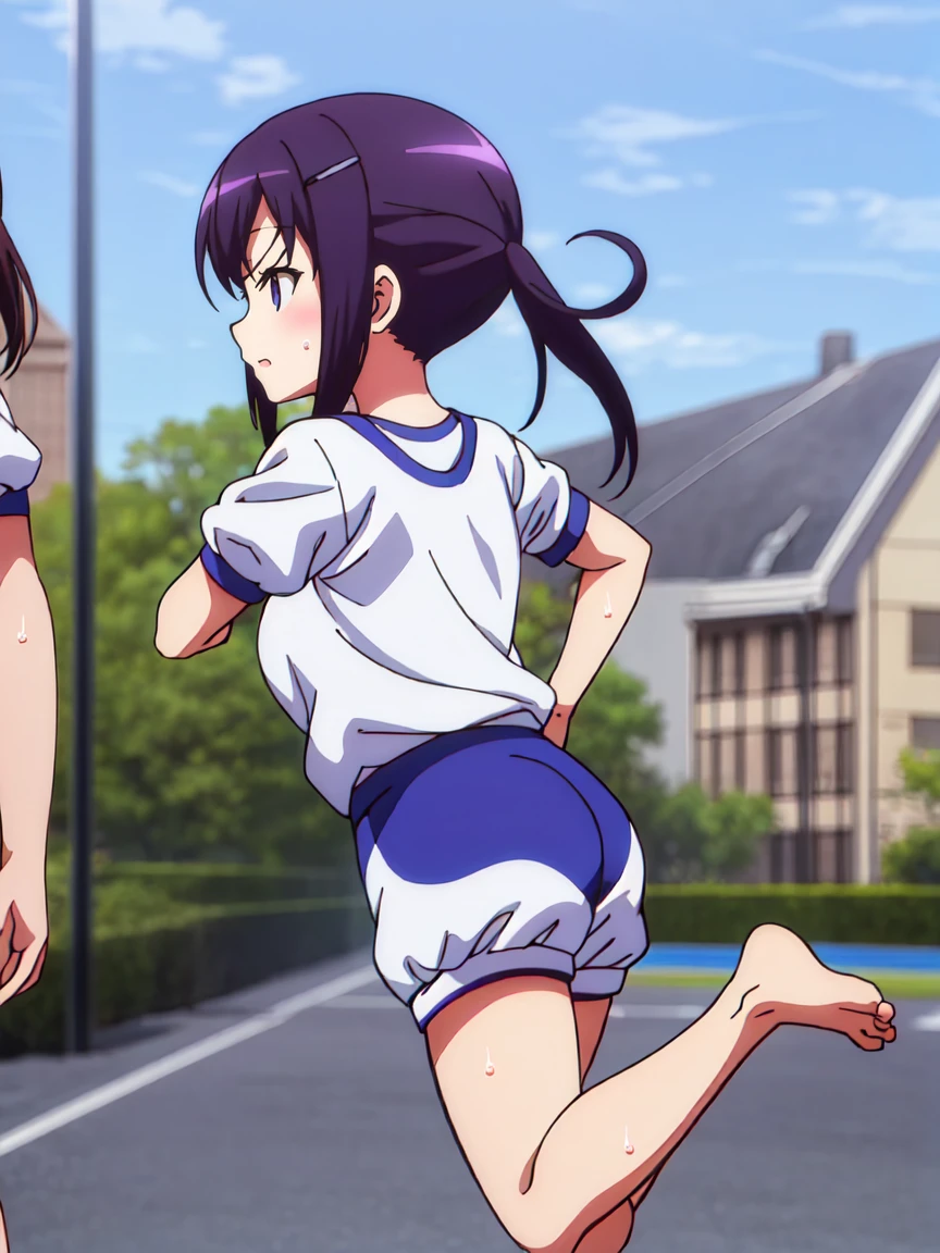 The characters are、Must be at least one person,Show the whole body,A girl with a tired expression、Let me dash around the schoolyard,A girl running alone,gym shirts,Highest quality,back view,1990s anime style,White shirt and blue bloomers,Angry expression,barefoot,Sweating、Running with a tired look,