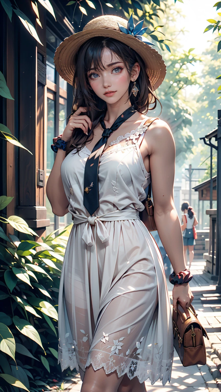 24-year-old female、Long eyelashes、Beautiful appearance、White summer dress decorated with lace、Brown Hair、Side Ponytail((Tie it up with a scrunchie))、Sunlight filtering through the trees、Forest Walk、Walking、Cute handbag、Sandals、Wide-brimmed hat decorated with ribbon((Capelin))、Wear a brightly colored scarf around your neck、Lady style、smile、Hold the brim of your hat