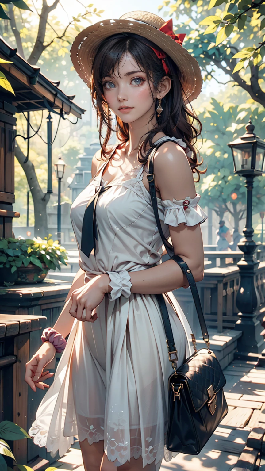 24-year-old female、Long eyelashes、Beautiful appearance、White summer dress decorated with lace、Brown Hair、Side Ponytail((Tie it up with a scrunchie))、Sunlight filtering through the trees、Forest Walk、Walking、Cute handbag、Sandals、Wide-brimmed hat decorated with ribbon((Capelin))、Wear a brightly colored scarf around your neck、Lady style、smile、Hold the brim of your hat