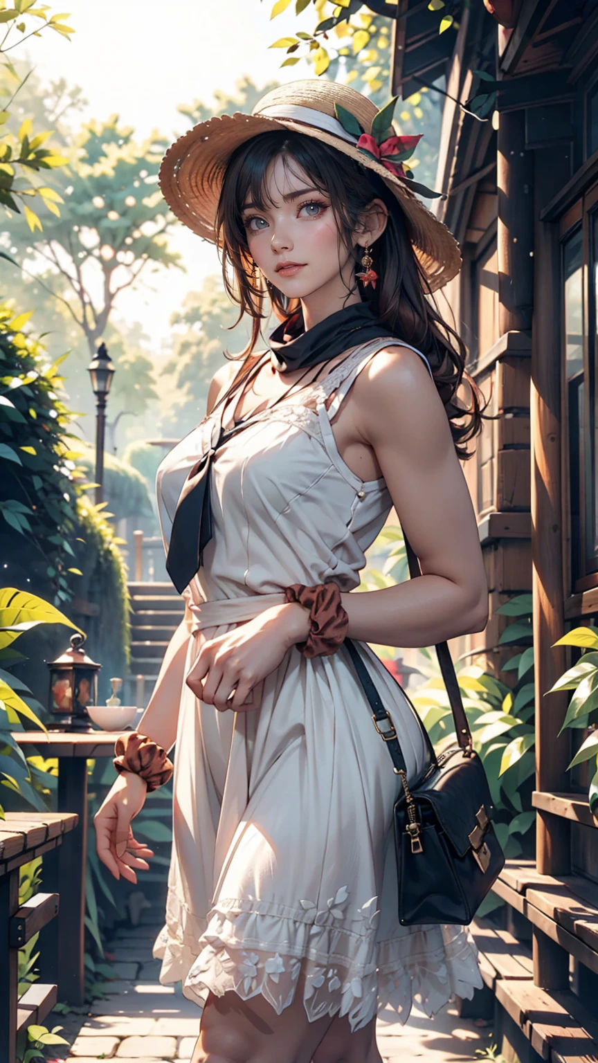 24-year-old female、Long eyelashes、Beautiful appearance、White summer dress decorated with lace、Brown Hair、Side Ponytail((Tie it up with a scrunchie))、Sunlight filtering through the trees、Forest Walk、Walking、Cute handbag、Sandals、Wide-brimmed hat decorated with ribbon((Capelin))、Wear a brightly colored scarf around your neck、Lady style、smile、Hold the brim of your hat