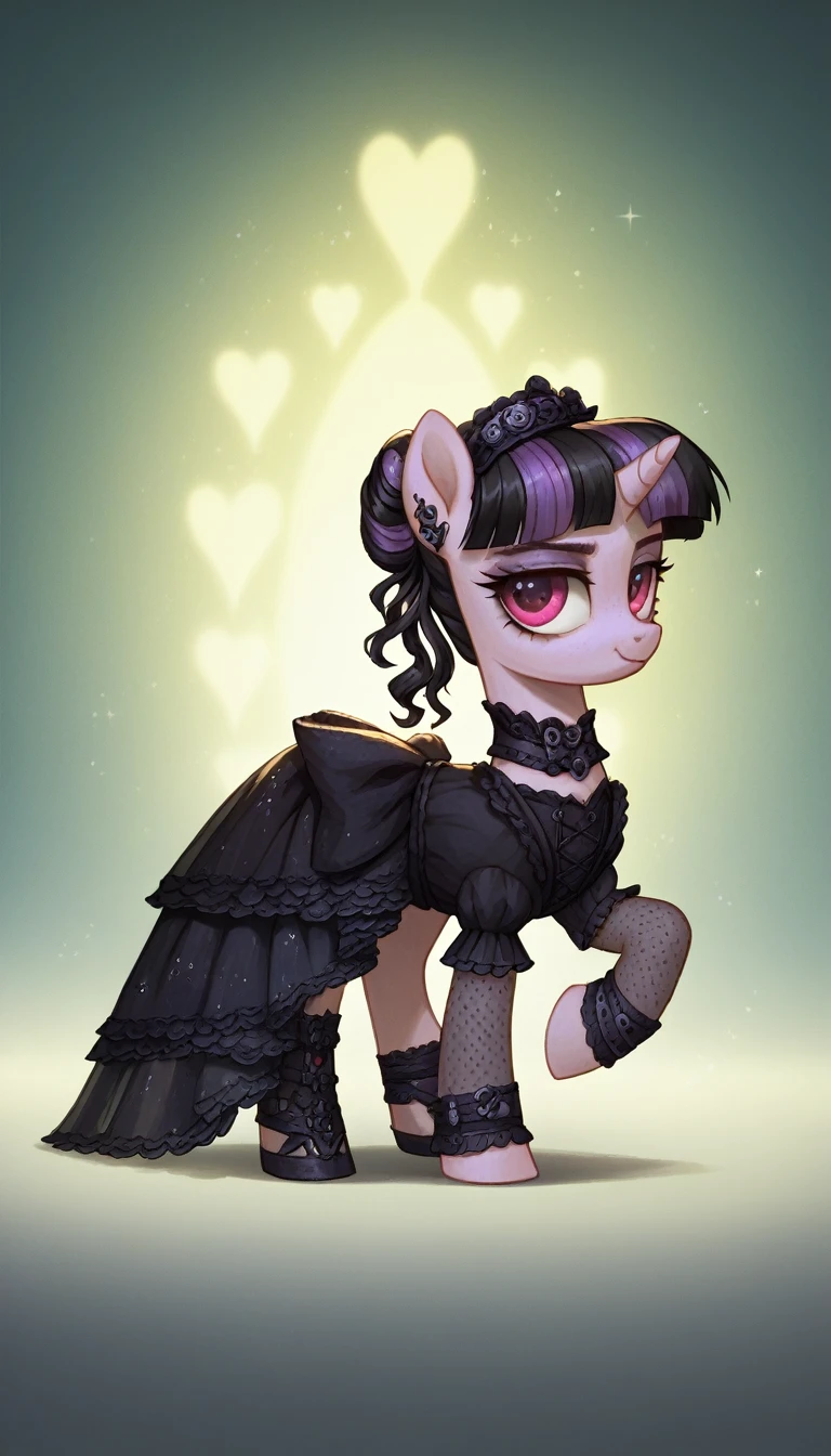 score_9,score_8_up,score_7_up,score_6_up, filly, female, Gothic pony, ta fashion, glowing backlight, fashion show, catealk scene, glitter, whimsical, enchanted, magical, fantasy art concept, intricate details,