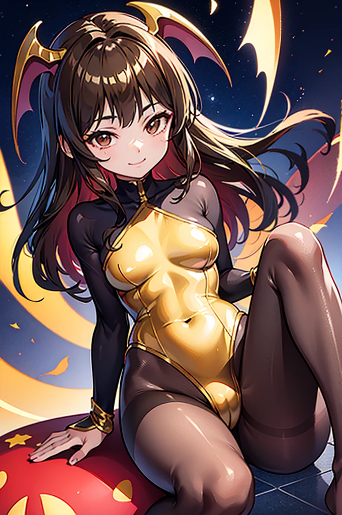 Highest quality　Highest quality　Draw a face carefully　High-definition anime-style face　Super Glowing Skin　Brown leotard　Golden pantyhose　Succubus　lure　smile　Close up of the soles of the feet