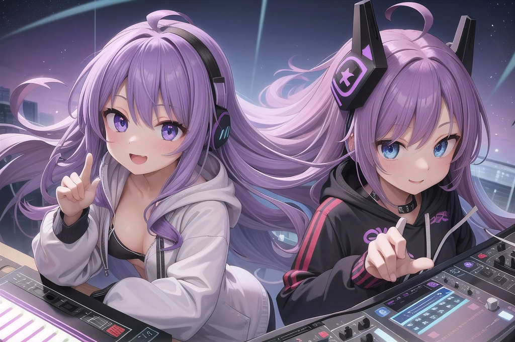 One girl, alone, 20-year-old, Blue Eyes, Purple Hair, Long, beautiful wavy hair, Ahoge, nice smile, White hoodie, Spectacular views, D Cup, Godley, headphone, Detailed DJ equipment, djing, masterpiece, Fine Fingers, 最high quality:1.4, high quality, detailed