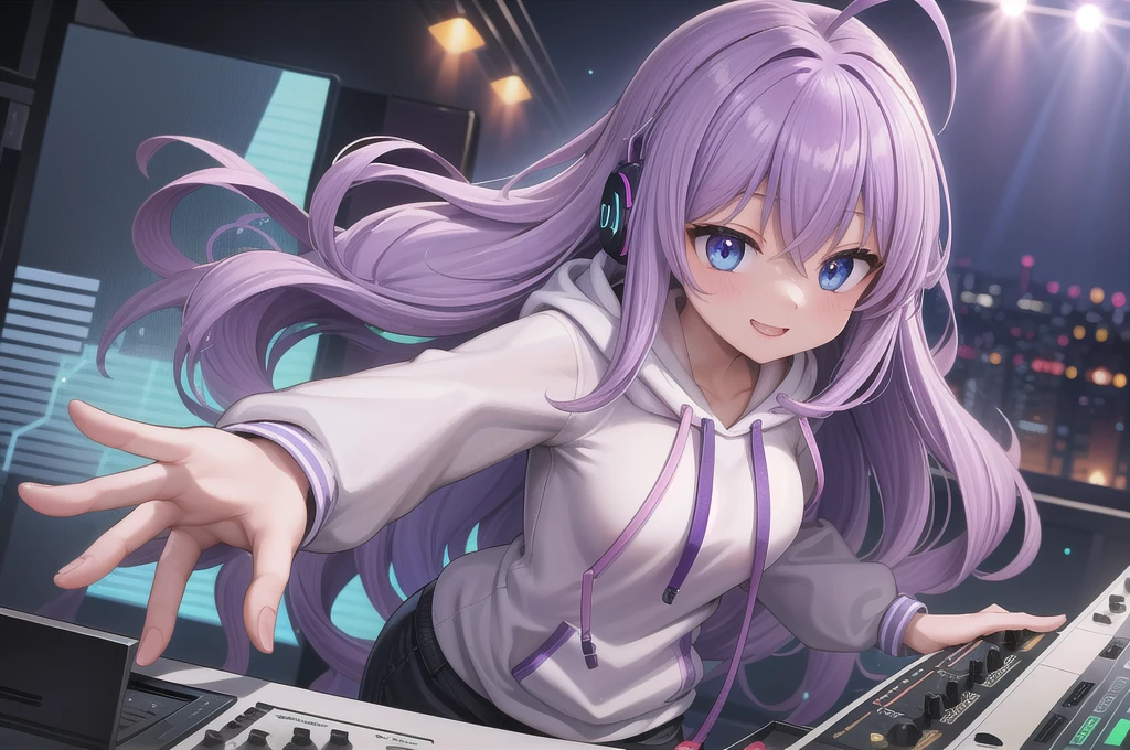 One girl, alone, 20-year-old, Blue Eyes, Purple Hair, Long, beautiful wavy hair, Ahoge, nice smile, White hoodie, Spectacular views, D Cup, Godley, headphone, Detailed DJ equipment, djing, masterpiece, Uplifting, Fine Fingers, 最high quality:1.4, high quality, detailed