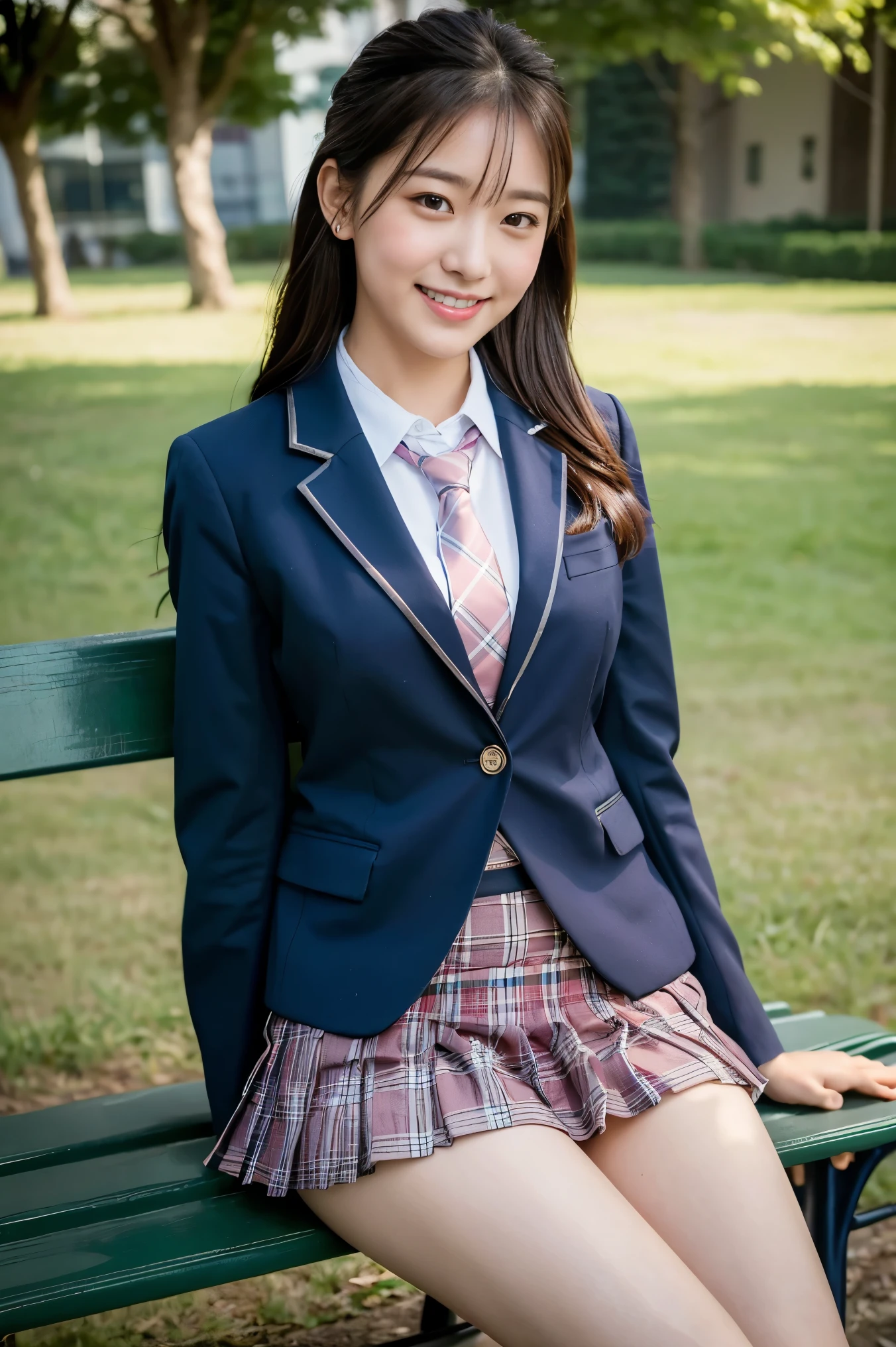 (8K), (highest quality: 1.2), (Realistic), (Realistic: 1.37), Ultra-high resolution, 1 girl, cute, (Embarrassed smile:1.2), (Blushing:1.4),Mouth closed, Beautiful details, Beautiful Nose, Wet Hair, giant dulcefo, pork, Thighs,Navel exposed,University Student Uniform,A simple blazer,Pleated skirt,(The skirt and tie are tartan check pattern.:1.3),Platform boots, (sitting on a park bench:1.2),(Shiny Thighs:1.2), medium shot