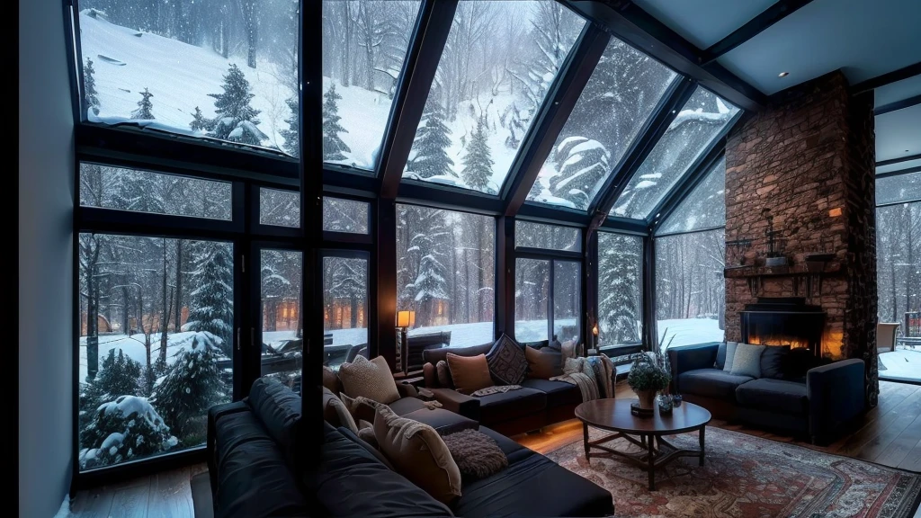 Arafad living room with fireplace and large windows, cozy place, Comfortable environment, Comfortable and peaceful atmosphere, Comfortable atmosphere, Large windows with views of the forest at night, warm interior, Comfortable atmosphere, Comfortable living room interior, Comfortable living room, Comfortable environment, Warm home background, Comfortable atmosphere, It was snowing outside, beautiful natural light, winter atmosphere