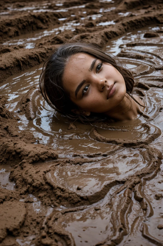 (masterpiece), (very complicated:1.3), (realistic), girl portrait, lying on her back floating on the surface of the mire, (dynamic perspective), the most beautiful in the world, (body covered with mud), from above, upper body, navel, outdoor, intense sunlight, distant factory group, village vibes, Stunning female professional photo details, sharp focus, dramatic, Award history, cinematic lighting, Octane Rendering Unreal Engine, volumetrics dtx, (film grain, blurred background, blurred foreground, Bokeh, Depth of the bounds written, sunset, motion blur:1.3)