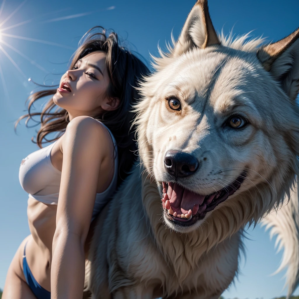 image of a howling woman and inside her a howling wolf on a background of blue sky and bright sun