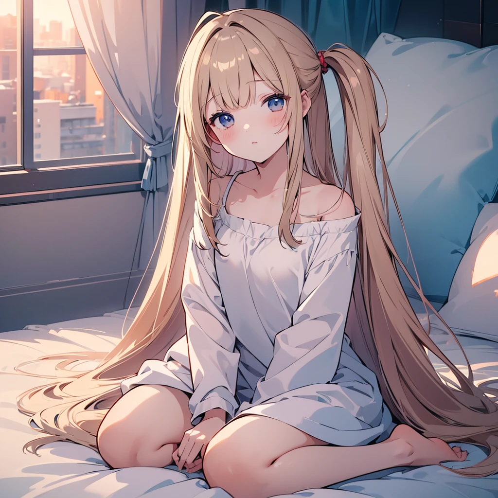 ((masterpiece)), ((Best Quality)), (Ultra-detailed), Anime style, 8k , Cute , 1girl in, Solo, light hair, sitting on the bed, bare shoulder 