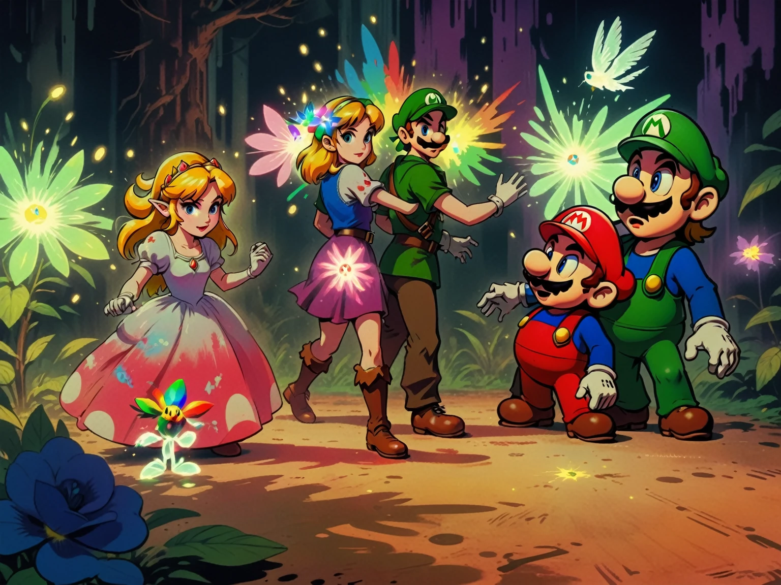 1990's animated tv show screengrab, subliminal fireflies and glowing flowers, Legend of Zelda crossover Mario Bros. , VHS, glitch, distorted, nostalgia, 90's retro vibes, analog tape, vcr aesthetics, tv, television, comic 1990's, animated tv show screengrab, Zelda and Super Mario cast dancing stanky boogie, cinematic poster, image within image, multiple exposure, massive scale, rich color grading for shading depth, hand drawn rotoscope cartoon realism, chiaroscuro lighting, mixed media, vintage comic, retro original design, 1990's comic, sense of movement energy, taking flight, tropical rot, rewilding, (full roygbiv color) ink charcoal expressive illustration, Zelda and Mario aesthetics