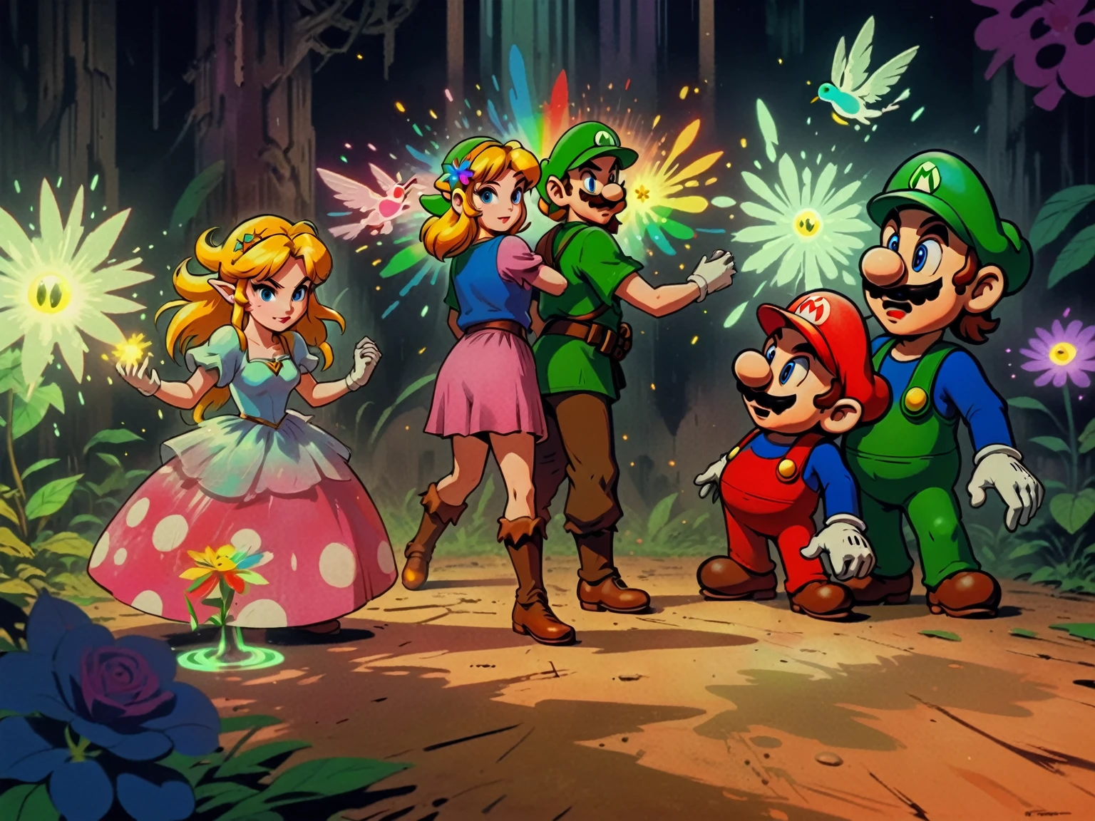 1990's animated tv show screengrab, subliminal fireflies and glowing flowers, Legend of Zelda crossover Mario Bros. , VHS, glitch, distorted, nostalgia, 90's retro vibes, analog tape, vcr aesthetics, tv, television, comic 1990's, animated tv show screengrab, Zelda and Super Mario cast dancing stanky boogie, cinematic poster, image within image, multiple exposure, massive scale, rich color grading for shading depth, hand drawn rotoscope cartoon realism, chiaroscuro lighting, mixed media, vintage comic, retro original design, 1990's comic, sense of movement energy, taking flight, tropical rot, rewilding, (full roygbiv color) ink charcoal expressive illustration, Zelda and Mario aesthetics