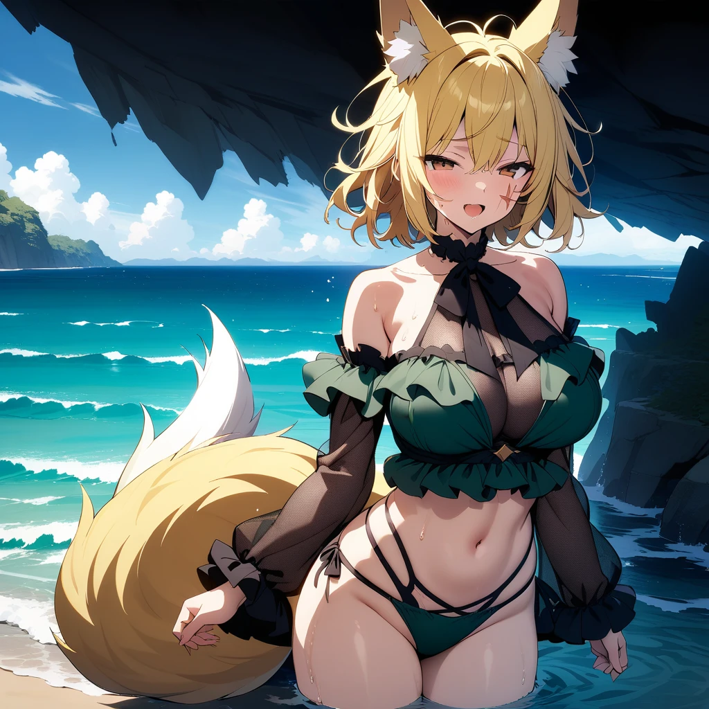 (masterpiece,best quality,very aesthetic,ultra-detailed),high saturation,official art,nsfw,solo,1girl,30yo,curvy,large breasts,tall,stout build,bewitching,(blonde fox ears),(a fox tail),(blonde hair,short hair,messy hair),disheveled hair,(brown eyes),half closed eyes,beautiful face,bare legs,comfortable,open mouth,enjoyable,(smirk:0.8),wet,(tropical atmosphere,floral pattern dark green layered highleg bikini with long ruffled off-shoulder tropical sleeves and a black bow in the center.The bikini features strappy details on the bottom piece),(Layers of elegant see-through sundress over bikini),(scar on breasts,scar on cheek:1.2),ocean,Clear seawater,summer sky,cowboy shot,wading,Cave by the Sea,wind