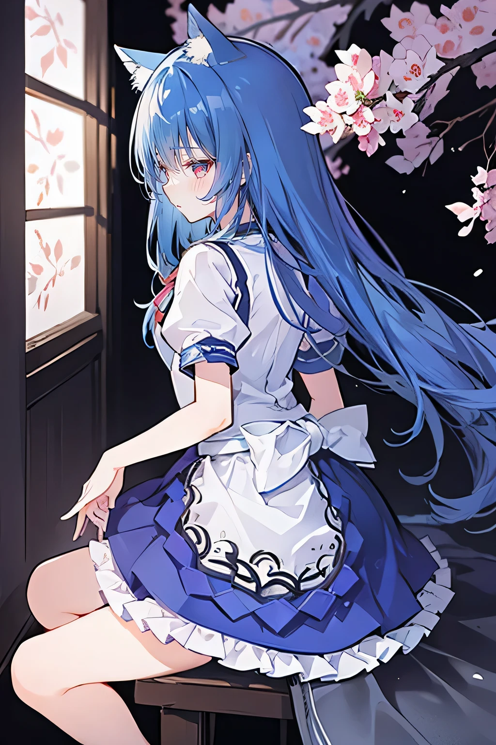 (masterpiece:1.2),Super detailed,lifelike,Expressive eyes,fair skin,perfect face shape,1 girl,
Japanese comics,Gorgeous blue hair,flowing blue hair,flowing clothes,Cat ears,Petals fall,beautiful lola,Baby Angel,
,Cross your legs,Gentle and peaceful background,The pavilion is cool and comfortable,smile, maid outfit, maid,cafes,back views,snowing。
