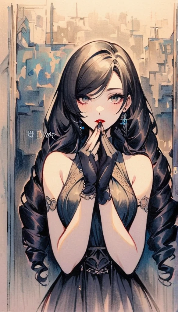 Lin Mingmei, 1 girl, alone, monochrome, braid, looking at the audience, skirt, long hair, traditional media, sign, Bangs, cosmetic, Put your hands together, black hair, Upper body, lipstick, drill hair, artist name, twin braids, bridal gloves, sleeveless