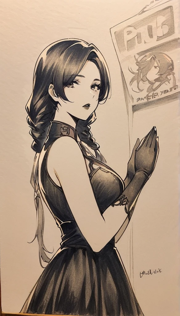 Lin Mingmei, 1 girl, alone, monochrome, braid, looking at the audience, skirt, long hair, traditional media, sign, Bangs, cosmetic, Put your hands together, black hair, Upper body, lipstick, drill hair, artist name, twin braids, bridal gloves, sleeveless