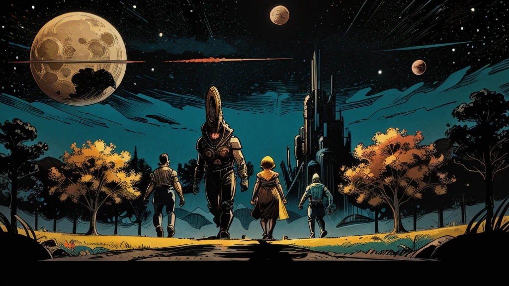 Use this prompt to create an image in the style of 1950s-70s comic book art. Use bold outlines, halftone patterns. Employ intense, saturated colors reminiscent of vintage four-color printing. Maintain a psychedelic, otherworldly atmosphere with swirling, colorful skies and strange celestial bodies. Emphasize the contrast between light and shadow to create a dramatic, pulp sci-fi feel. Create an image of: dinosaurs!
