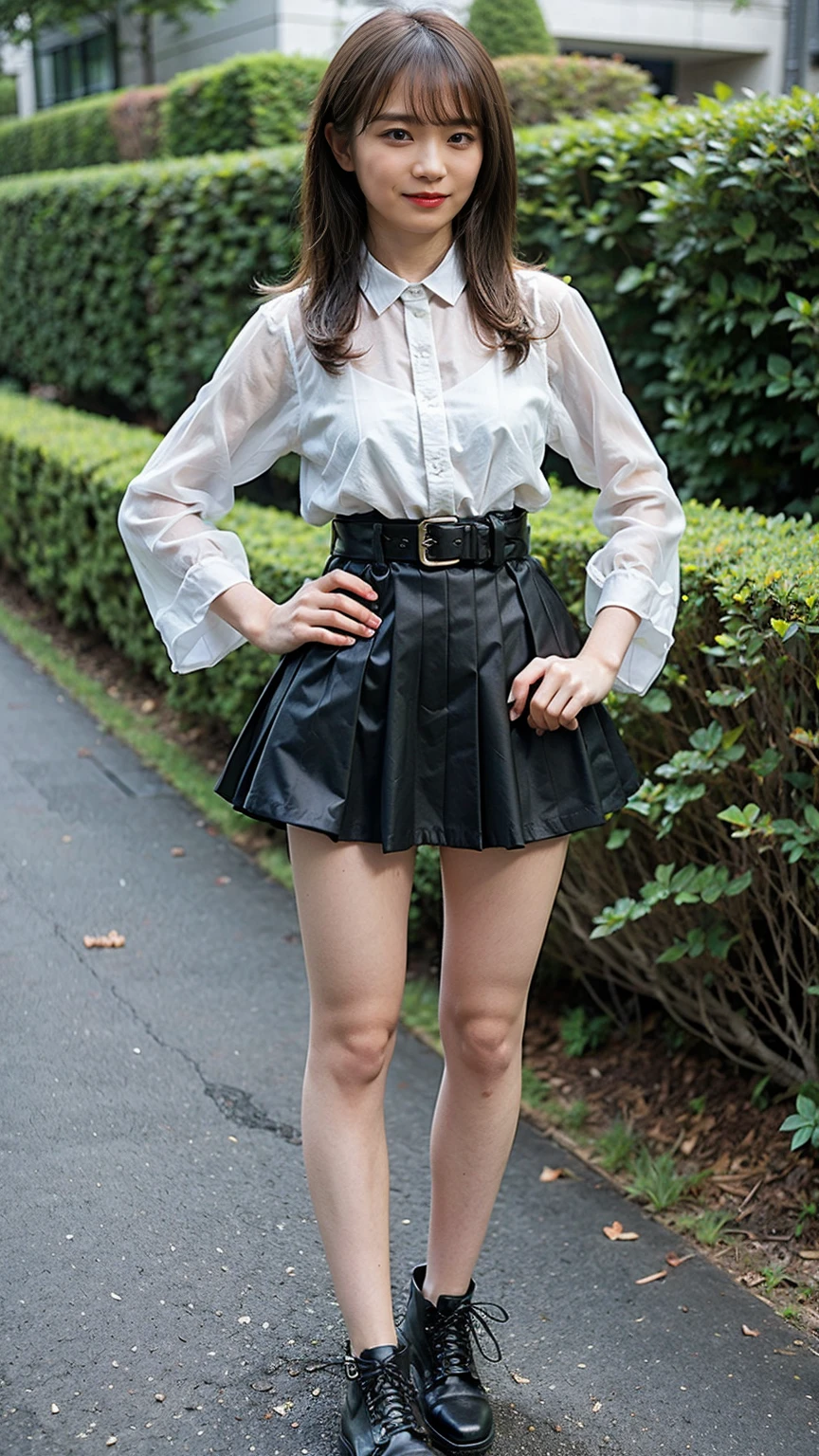 (8K、RAW Photos、Highest quality、masterpiece:1.2)、(Realistic、Realistic)、1 Girl、((Frills、See-through、tights、black and white mini skirt、Thin legs、whole body、boots、garden、View from the front、Looking into the camera、belt、Stand with hands on hips))、cute