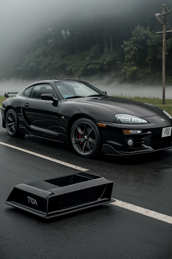 A Toyota Supra old model with V 8 engine black colour in fog