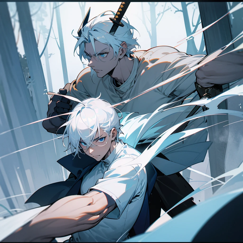 Screenshot attack on the titants, 30 year old man, platinum hair, opaque light blue eyes, slight smile, worked body and muscles, white shirt and two swords in hands, background is a forest and titans fences