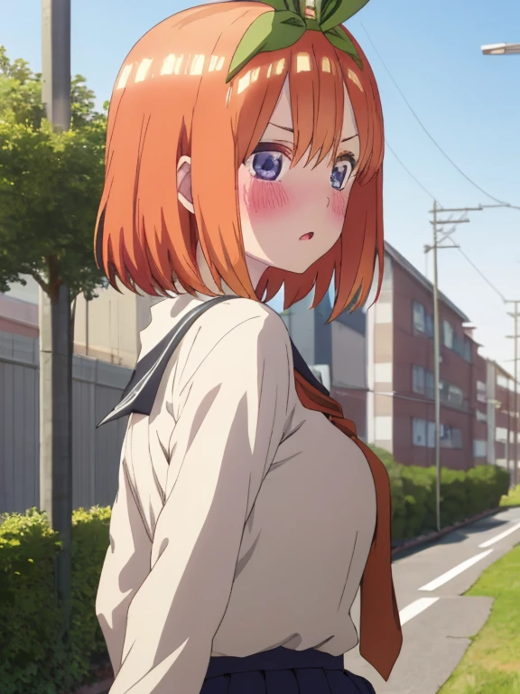 best quality, insanely detailed,yotsuba nakano, breasts, blush, back style, look into the distance, school background