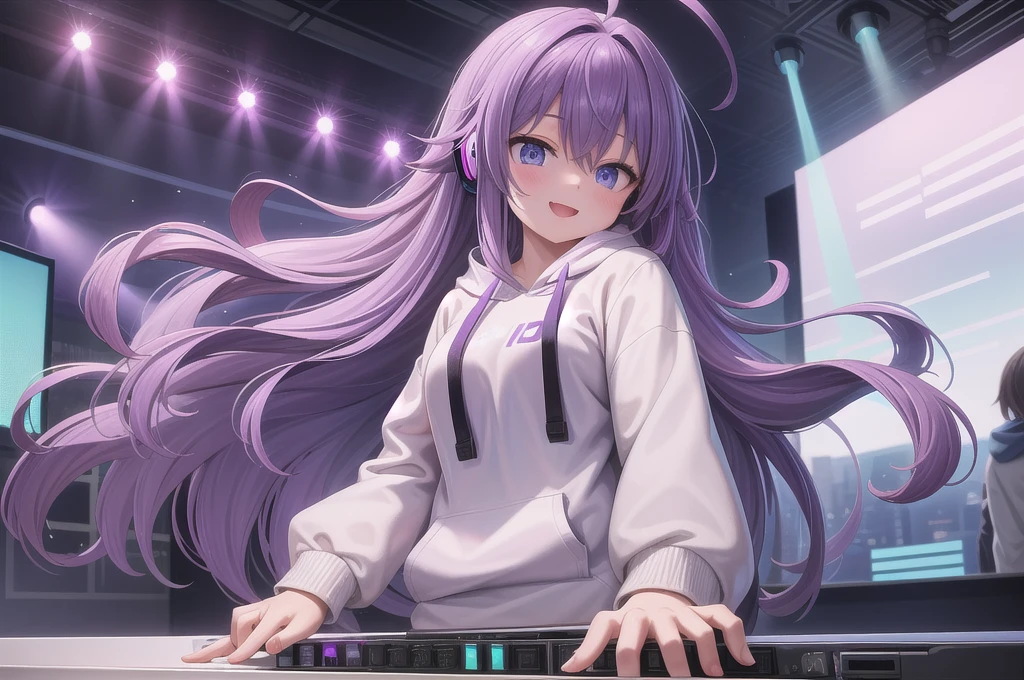One girl, alone, 20-year-old, Blue Eyes, Purple Hair, Long, beautiful wavy hair, Ahoge, nice smile, White hoodie, Spectacular views, D Cup, Godley, headphone, Detailed DJ equipment, djing, masterpiece, Uplifting, Fine Fingers, 最high quality:1.4, high quality, detailed