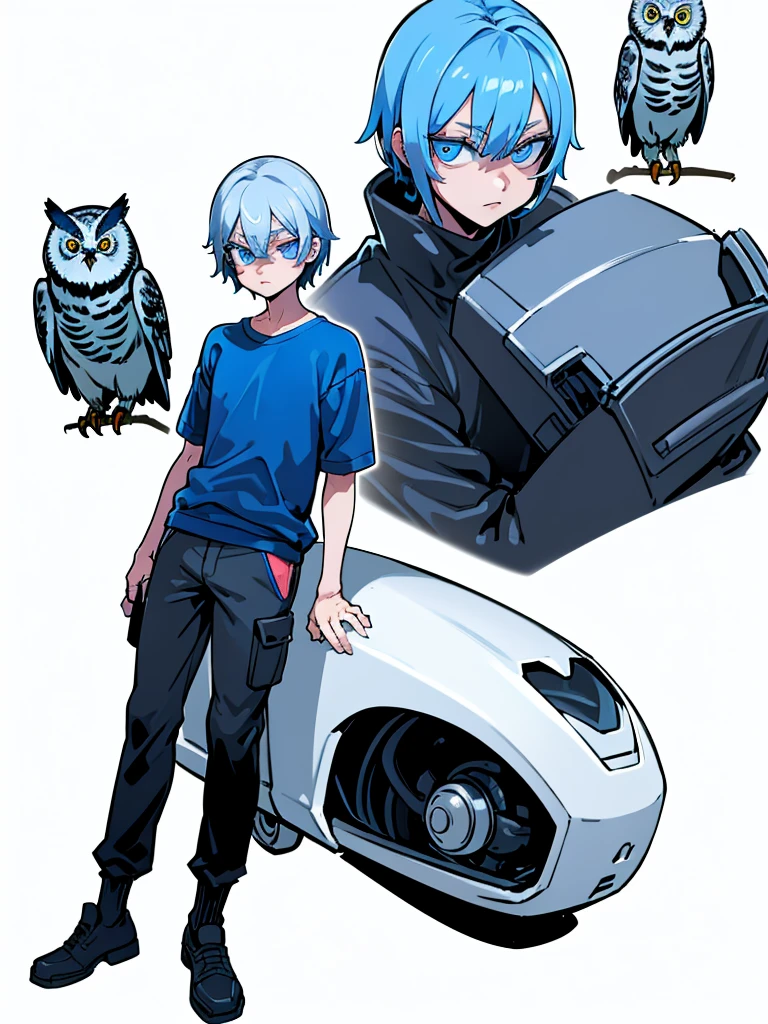 ((full bodyesbian)), (Simple background), ((multiple views)), ((High resolution)), (simple background), (white backgrounid:1.3), a young boy with blue hair a little dark, with silver eyes, wearing a blue shirt with black sweatshirt, a pair of cargo pants. And one with an owl perching on his shoulder.