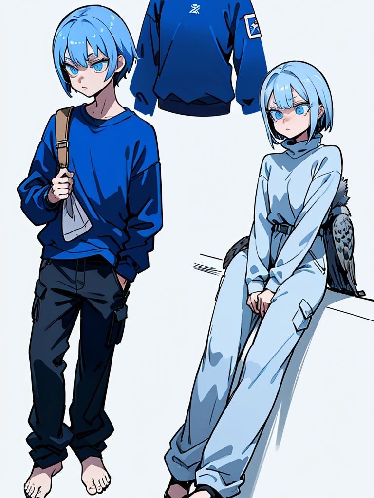 ((full bodyesbian)), (Simple background), ((multiple views)), ((High resolution)), (simple background), (white backgrounid:1.3), a young boy with blue hair a little dark, with silver eyes, wearing a blue shirt with black sweatshirt, a pair of cargo pants. And one with an owl perching on his shoulder.