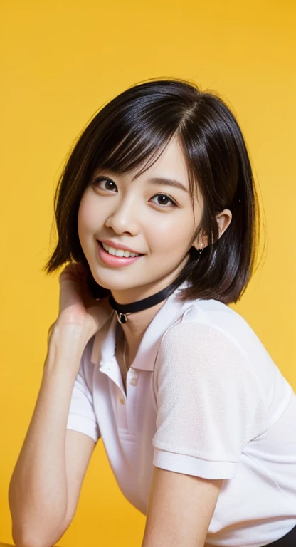 (A Gorgeous American-Chinese Lady, age 25, Tight Thin White Polo-Shirt & Pink Pencil Skirt, BlackPink Choker, natural pose, dimpled smile, short_bob_hair_side_bangs, cute snaggletooth, well-endowed round bosom, photorealistic, Hello_Kitty_Cuteness, beautiful detailed eyes, hyper-realism, high contrast, ultra HD, realistic skin textures, top image quality, top-quality, super high resolution, fine details, very meticulously, head_to_knees, High_Angle_Shot, simple yellow background)