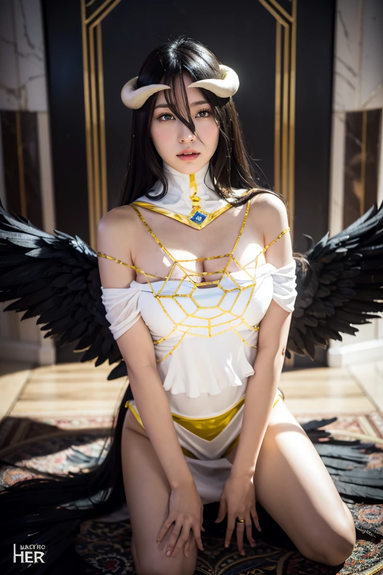 masterpiece, best quality, ultra-detailed, illustration, epic lighting, cinematic composition, isometric,(hexagon:1.2), 1girl, horns, solo, (yellow eyes), black hair, long hair, (low wings:1.2), slit pupils, cleavage, bare shoulders, hair between eyes, medium breasts, (white dress:1.1), gold trim, detached collar, sitting, kneeling, looking at viewer, (looking at viewer:1.1), parted lips, blush, black feathers falling, throne room, particle effects, (8k:1.1)