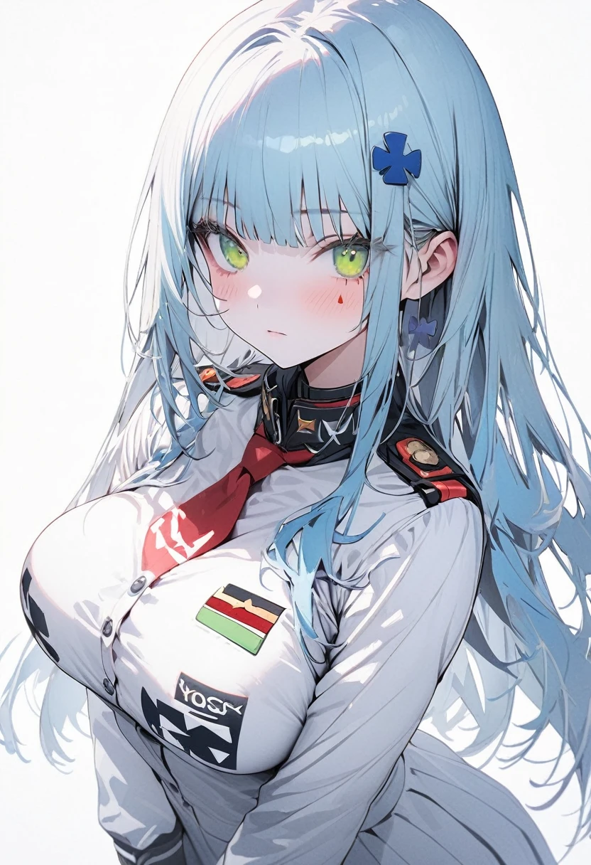 （(1girl))，(((high resolution))),((full body)),straight hair,large breatst,Masterpiece，Super detailed，(((white background)))，Cool look,((hk416)) ，childish appearance,(expressionless),blunt bangs,(Sky blue hair)，long hair，big ,Teenage Girls,Clear Eyes，Green Eyes,white skin,Great graphics,uniform,NSFW
