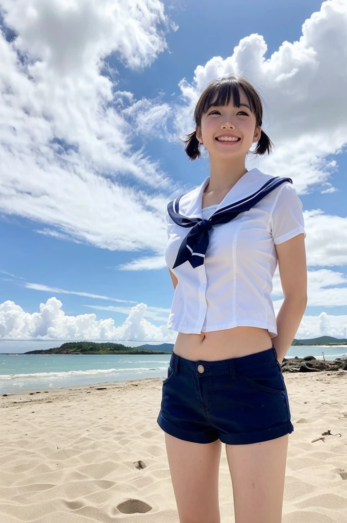 girls in beach,cumulonimbus cloud in summer sky,white swimsuit with sailor collar,18-year-old,bangs,a little smile,thighs,knees,short hair with low pigtails bunches,from below,front light