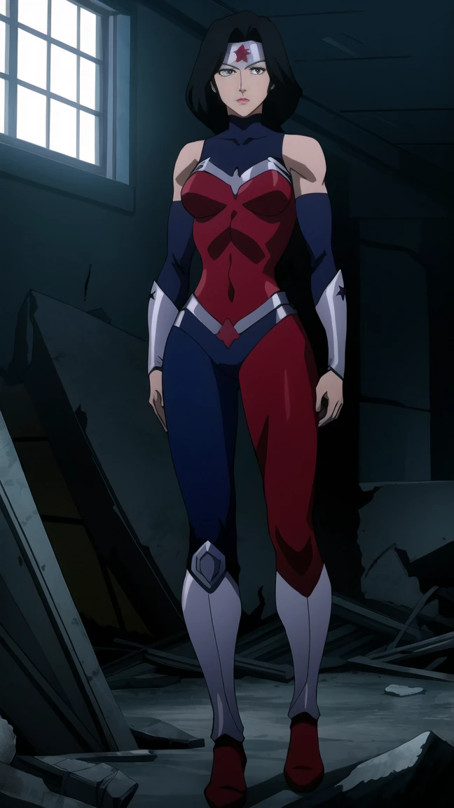 (((full body photo))) A scene where a superheroine, Wonder Woman, with a muscular and athletic body, is standing in a powerful pose inside a partially destroyed building. She wears a red and blue outfit with gold details, displaying a golden tiara with a red star in the center. His black hair falls over his shoulders, while his look is serious and determined. Lighting comes from a tall window on the right, highlighting its imposing presence against a background of columns and tall windows, beautiful face, female, ultra-realistic, RAW photo, (highly detailed skin: 1.2), 8k uhd, dslr, soft lighting, high quality, film grain, Fujifilm XT3.