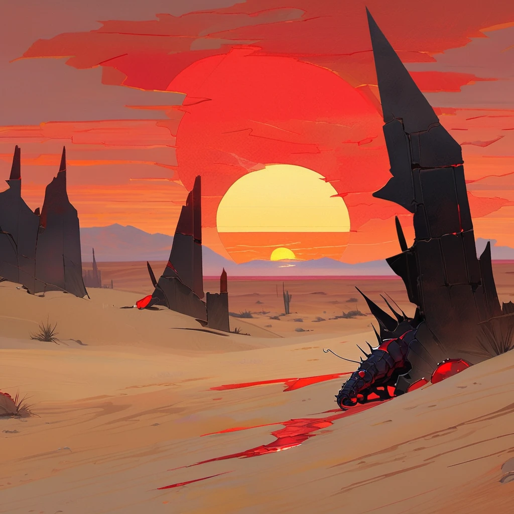 Old West, Desert, scorching sun, silhouette, gloomy, horizon, from far, Oil paint, red sun,(only red and black color palette), Giant glass shards in sand, spiky glass structures, A giant worm crawling in the dunes, sand dunes 