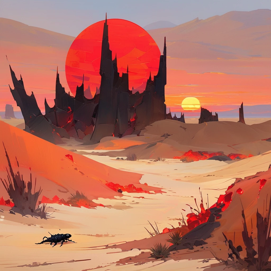 Old West, Desert, scorching sun, silhouette, gloomy, horizon, from far, Oil paint, red sun,(only red and black color palette), Giant glass shards in sand, spiky glass structures, A giant worm crawling in the dunes, sand dunes 