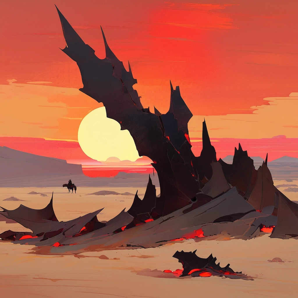 Old West, Desert, scorching sun, silhouette, gloomy, horizon, from far, Oil paint, red sun,(only red and black color palette), Giant glass shards in sand, spiky glass structures, A giant worm crawling in the dunes, sand dunes 