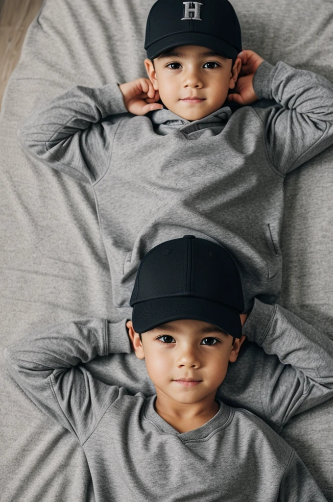 Boy on his back with a gray sweatshirt and hat on 