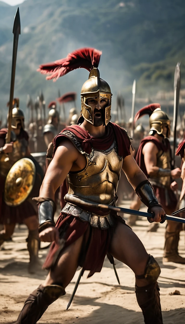 "Produce a detailed and immersive image of the Spartans lined up in battle formation during the epic Battle of Thermopylae. The image must be rendered in high resolution, with Full HD cinematic quality, 8K  para destacar cada soldado e seus detalhes. Focus on capturing the order and discipline of the Spartans in phalanx formation, with overlapping shields and spears pointed forward. Use dramatic lighting to create contrast between the figures of the Spartans and the backdrop, which may represent the gorge of Thermopylae. The faces of the Spartans should exhibit concentration, Determination and focus, while their armor and weapons reflect realism and historical authenticity. Convey the sense of unity and collective strength of the Spartans facing the looming challenge of battle, battle atmosphere background, hyper realistic, ultra detailed hyper realistic, photorealistic, Studio Lighting, wearing a gold crown, reflections, dynamic pose, Cinematic, Color Grading, Photography, Shot on 50mm lens, Ultra-Wide Angle, Depth of Field, hyper-detailed, beautifully color, 8k