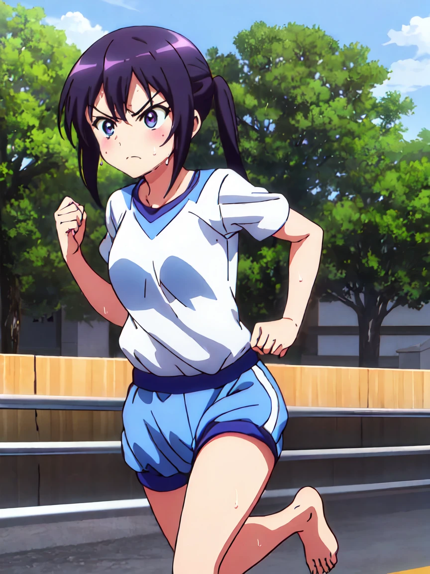 The characters are、Please leave them alone.,A girl with a tired expression、Let me dash around the schoolyard,A girl running alone,gym shirts,Highest quality,,1990s anime style,White shirt and blue bloomers,Angry expression,barefoot,The girl is sweating、Running with a tired look,