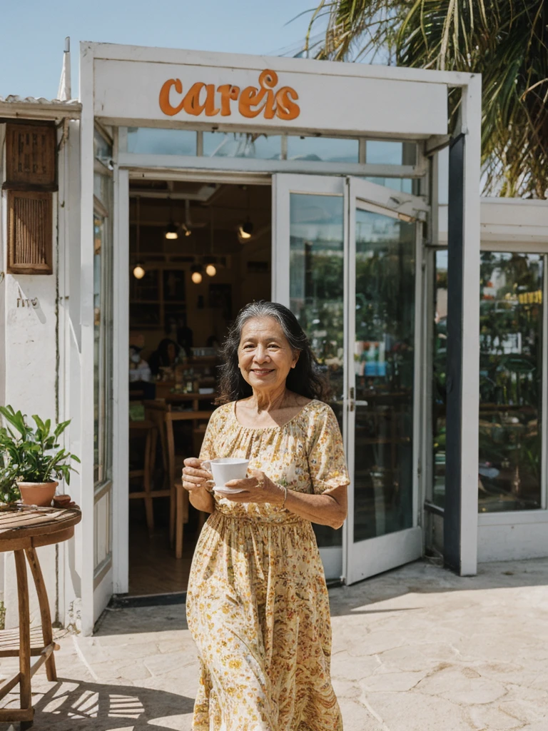 RAW PHOTO, her name is Dolores, high quality, 1 old woman, ((58-year-old slim filipina woman)), (((58 years old))), ((slim body)), ((wrinkled body)), (((old body))), (((long hair))), she is wearing a modest Generation X flowy sundress, POSE: walking, happy, vibrant, carefree BREAK, BACKGROUND: outdoor, cafe by the beach, film grain, instagram photo
