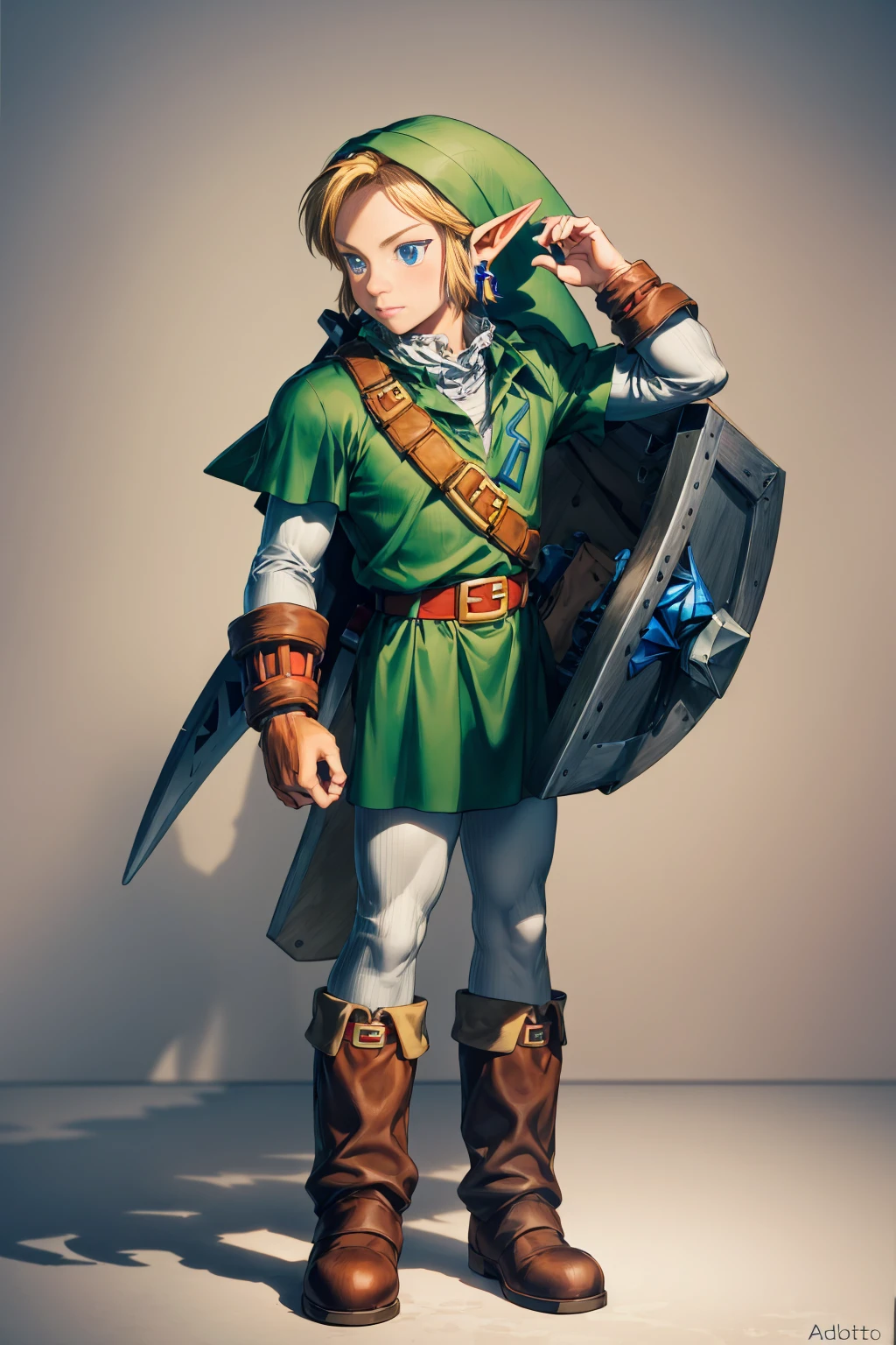 (full body shot, standing, dynamic poses:1.3), realist, (Masterpiece, Superior quality, Best Quality, Official Arts,), Very detailed, more detailed, (1 elfo adulto The Legend of Zelda:1.5), gods, by rubio, Mysterious, Handsome man, green hood, Brown boots, leather belt,((Zelda style)), Meadow:1.3, Shepherds, pale green clothing, decorations on clothes, individual braids,