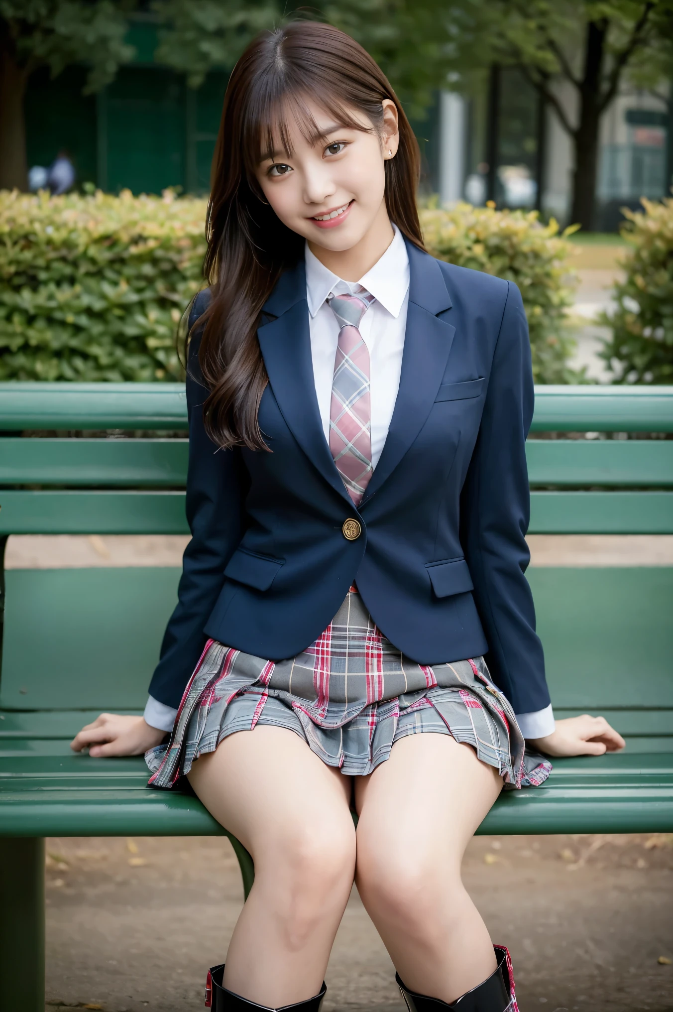 (8K), (highest quality: 1.2), (Realistic), (Realistic: 1.37), Ultra-high resolution, 1 girl, cute, (Embarrassed smile:1.2), (Blushing:1.4),Mouth closed, Beautiful details, Beautiful Nose, Wet Hair,bangs, giant dulcefo, pork, Thighs,Navel exposed,University Student Uniform,A simple blazer,Pleated skirt,(The skirt and tie are tartan check pattern.:1.3),Platform boots, (sitting on a park bench:1.2),(Shiny Thighs:1.2), medium shot 