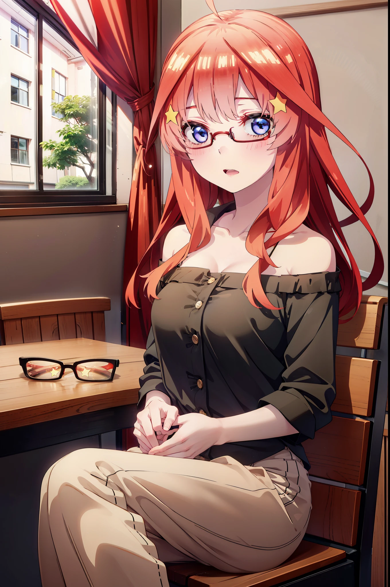 itsukinakano, itsuki nakano, bangs, blue eyes, Hair between the eyes, Ahoge, Redhead, star \(symbol\), hair ornaments, star hair ornaments,smile,Open your mouth,Red-rimmed glasses,Cold Shoulder Shirt,skinny pants,Stiletto heels,Sitting in a chair,There is a computer on the table,interior,Holding a steamed bun with both hands and eating it,whole bodyがイラストに入るように,
break indoors, オフィス
break looking at viewer, whole body,
break (masterpiece:1.2), Highest quality, High resolution, unity 8k wallpaper, (figure:0.8), (Beautiful attention to detail:1.6), Highly detailed face, Perfect lighting, Highly detailed CG, (Perfect hands, Perfect Anatomy),